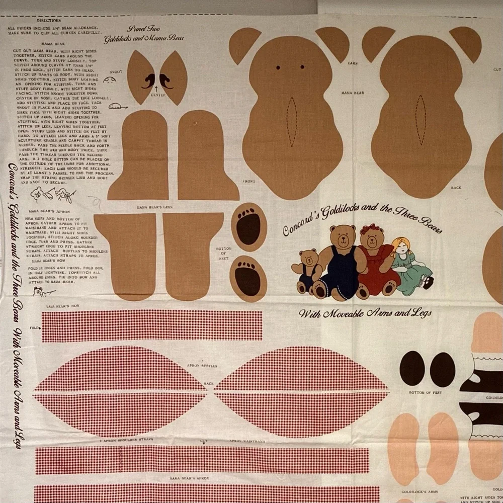 Vintage Sewing Fabric Panel “Goldilocks and the Three* Bears”Moveable Arms, Legs